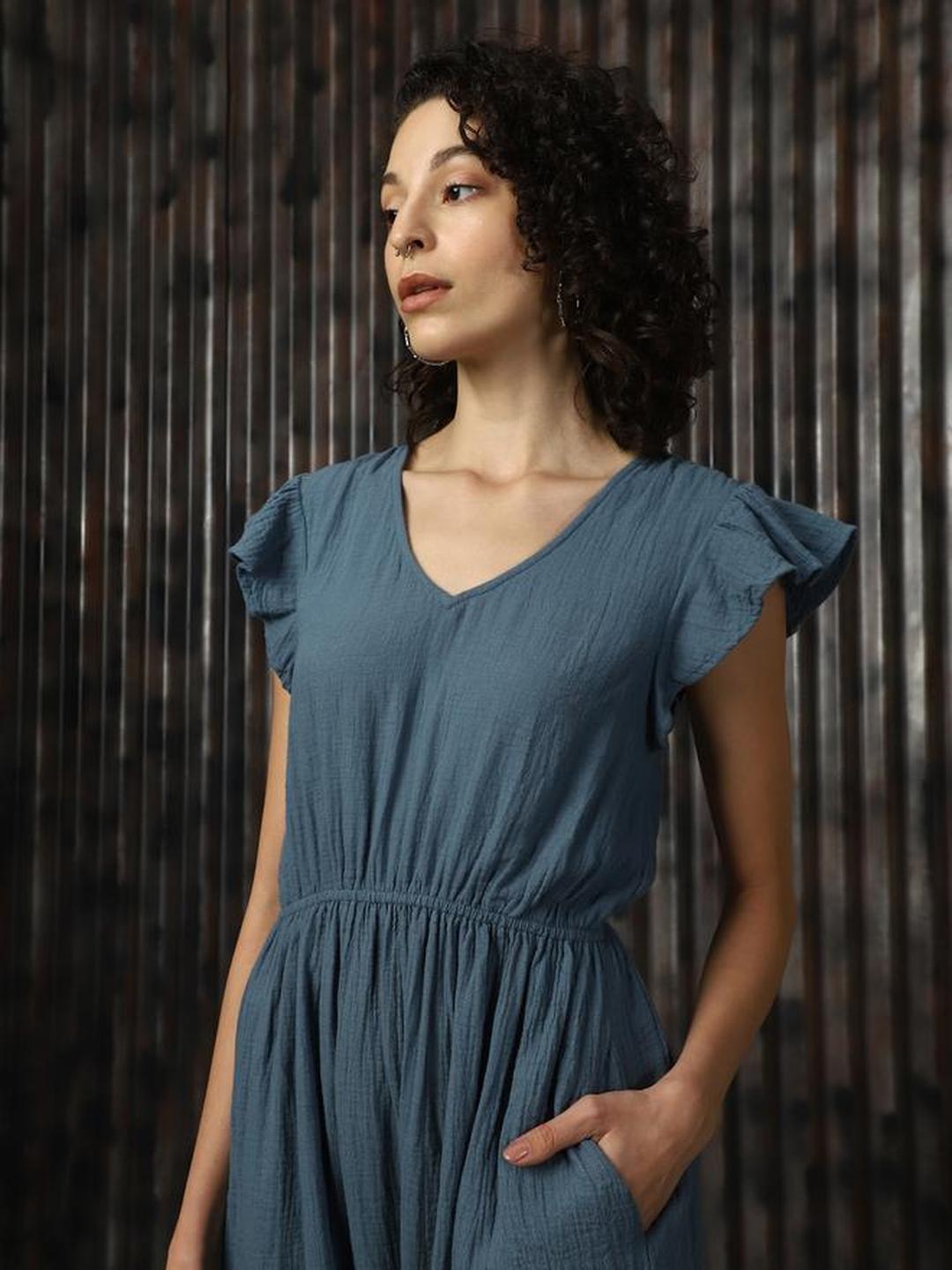 Blue Textured Cotton Midi Dress with Frill Sleeve