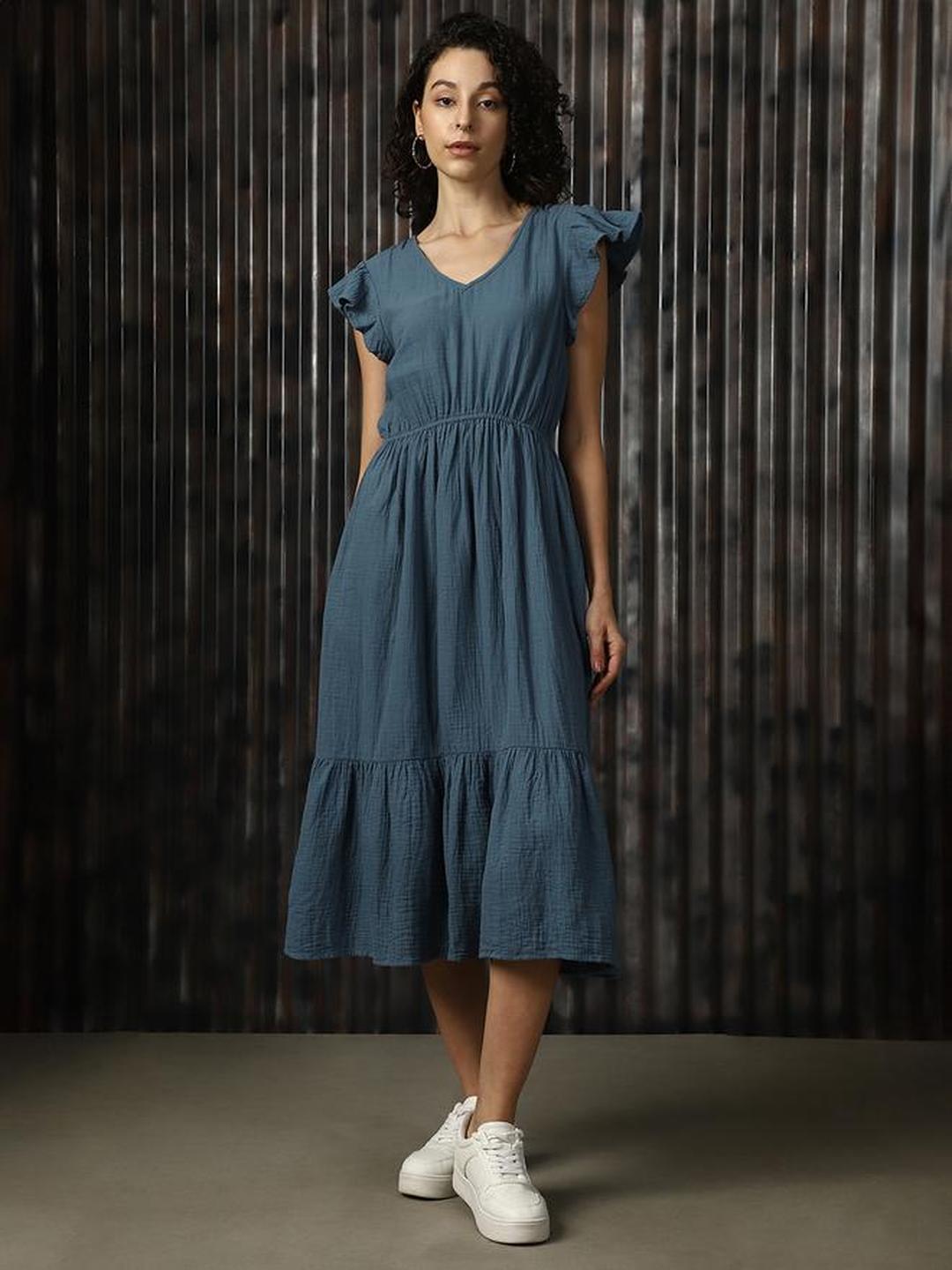 Blue Textured Cotton Midi Dress with Frill Sleeve