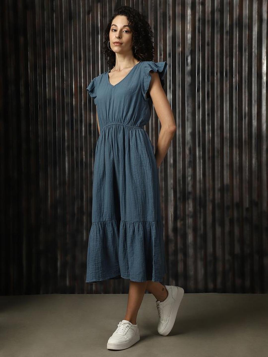 Blue Textured Cotton Midi Dress with Frill Sleeve