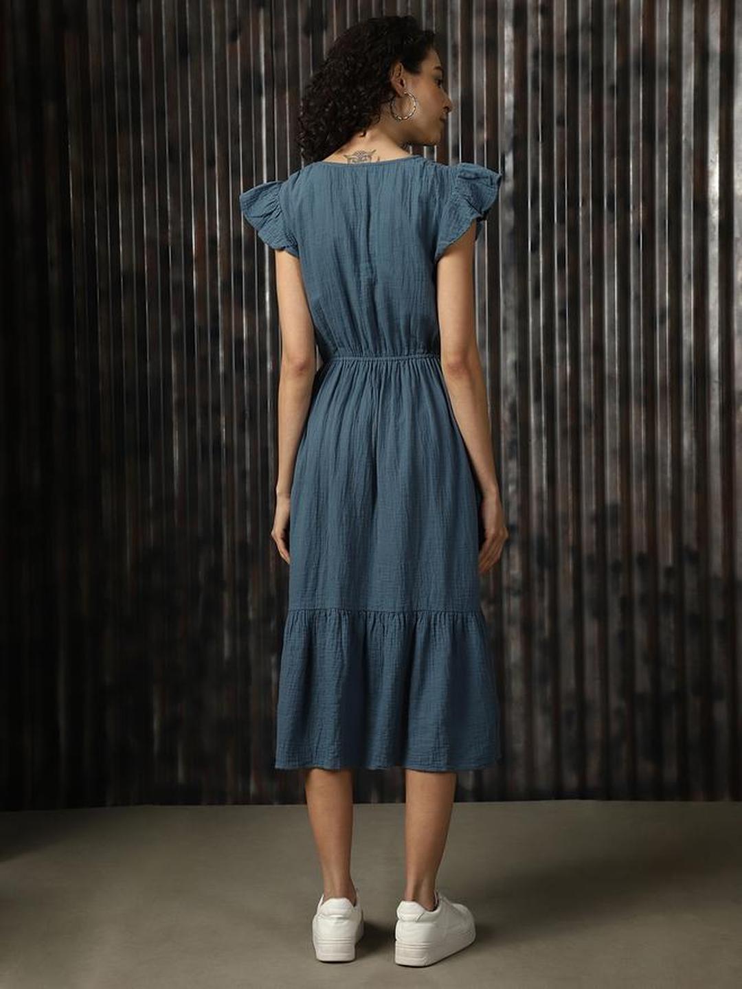 Blue Textured Cotton Midi Dress with Frill Sleeve