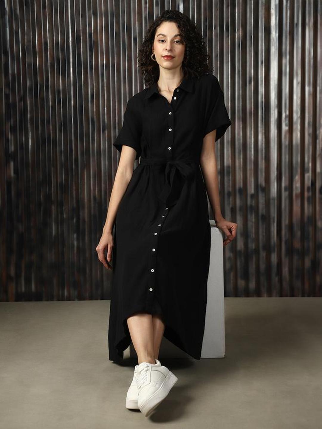 Black 100% Cotton Solid Buttoned Midi Dress