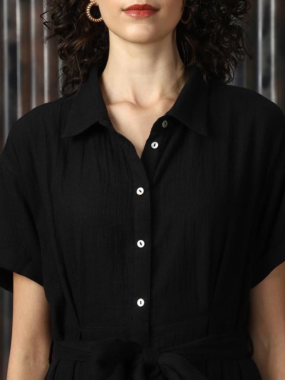 Black 100% Cotton Solid Buttoned Midi Dress