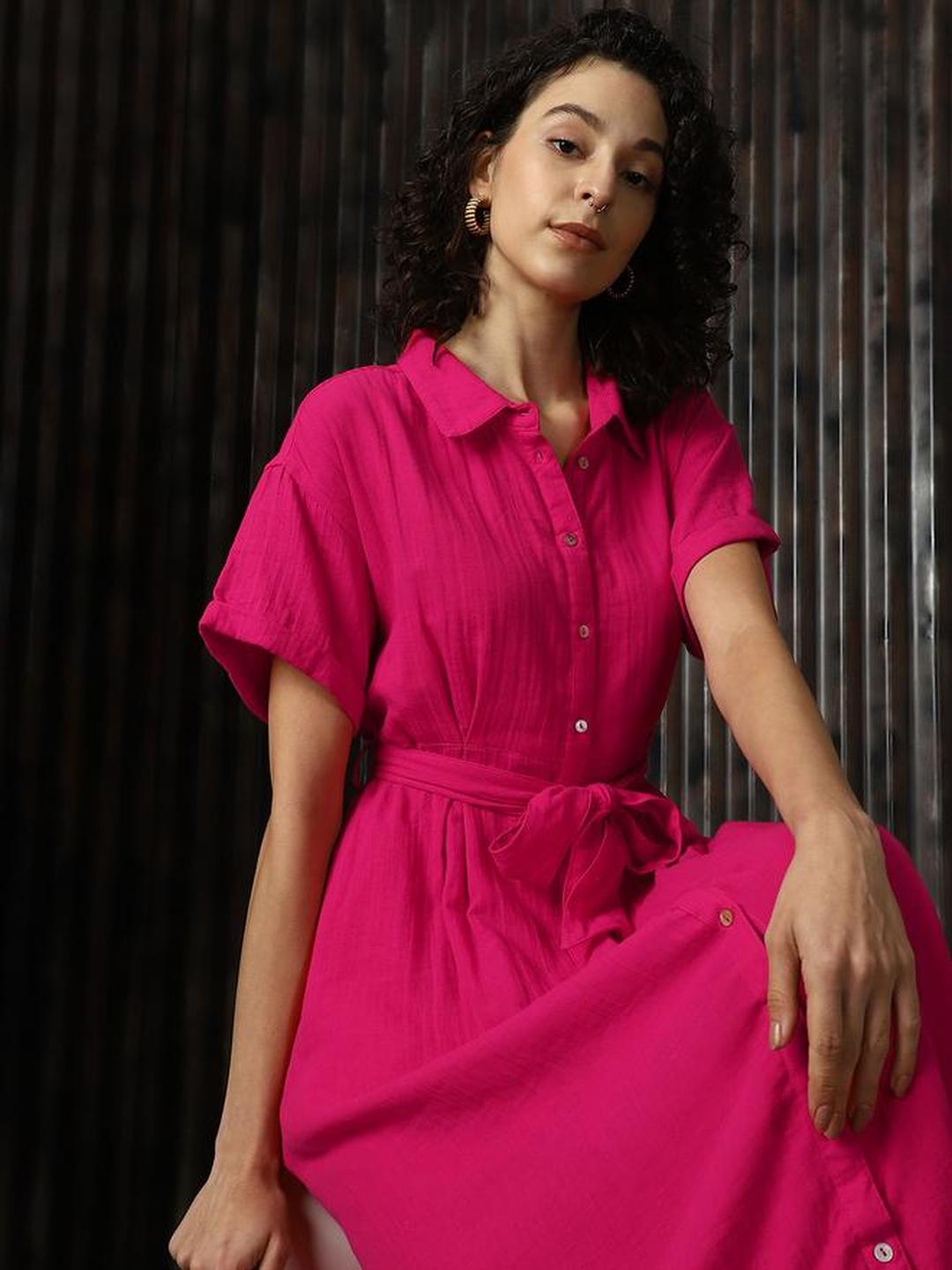 Pink 100% Cotton Solid Buttoned Midi Dress