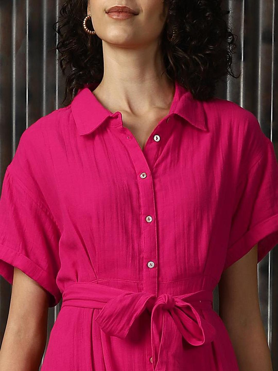 Pink 100% Cotton Solid Buttoned Midi Dress