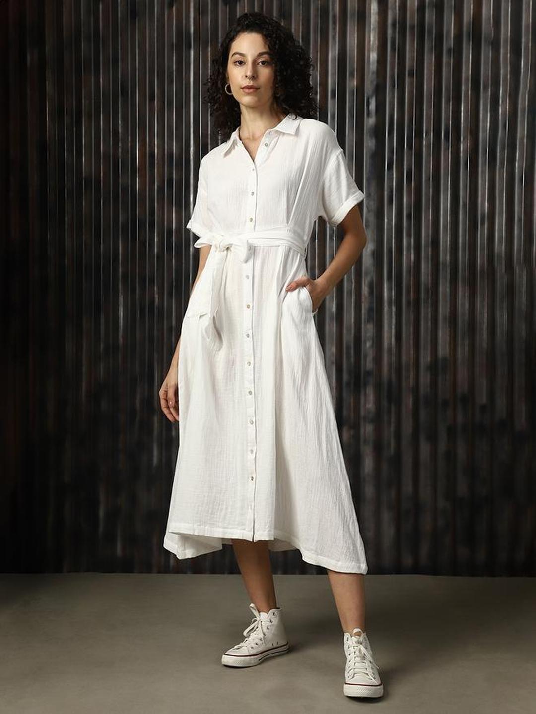 Off White 100% Cotton Midi Dress with Tie Belt