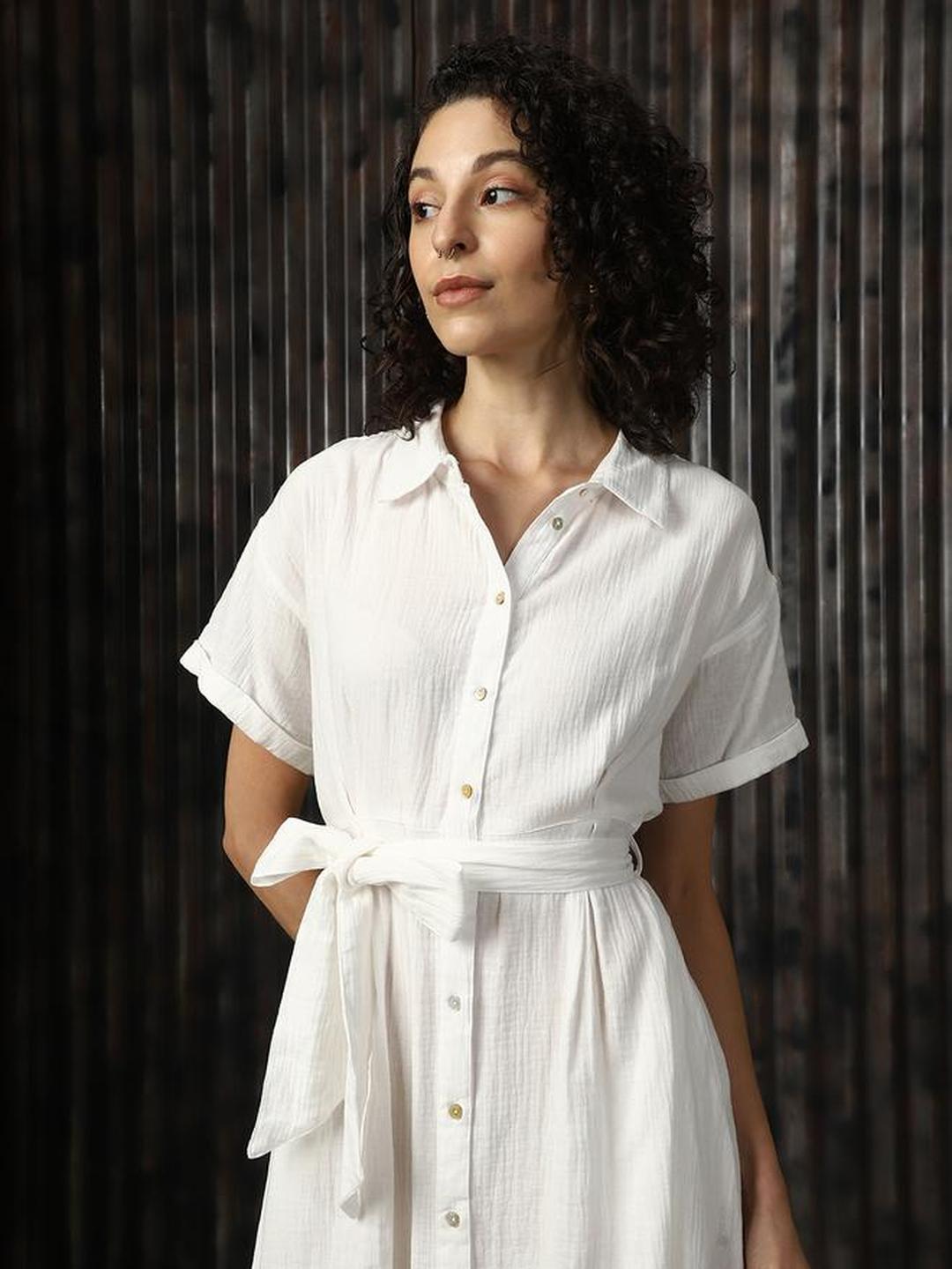 Off White 100% Cotton Midi Dress with Tie Belt