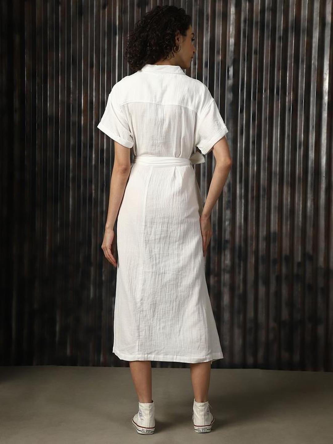 Off White 100% Cotton Midi Dress with Tie Belt