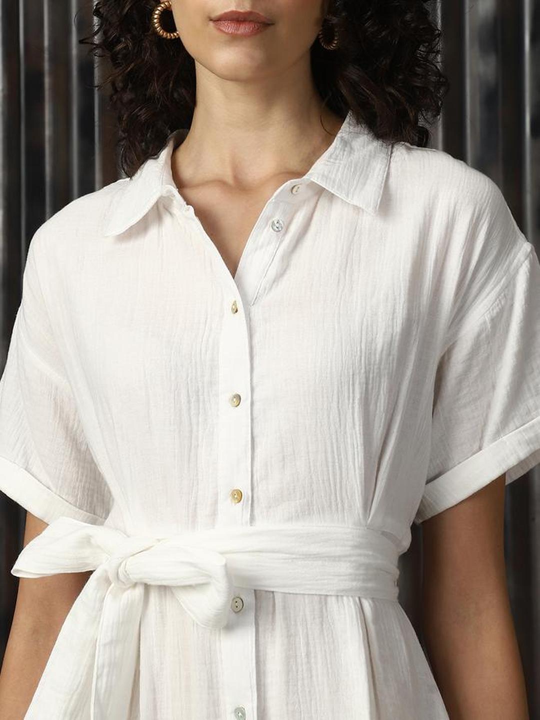 Off White 100% Cotton Midi Dress with Tie Belt