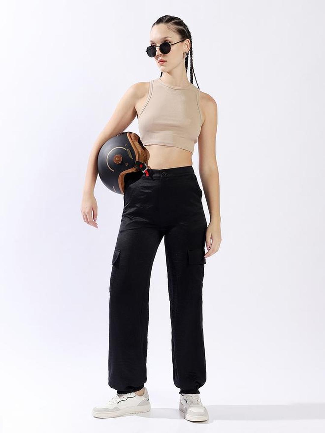 Black Satin Relaxed Fit Cargo Trousers