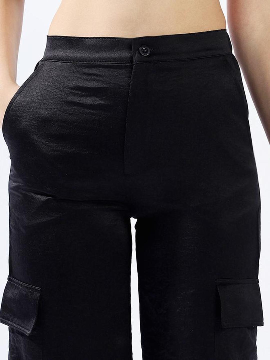 Black Satin Relaxed Fit Cargo Trousers