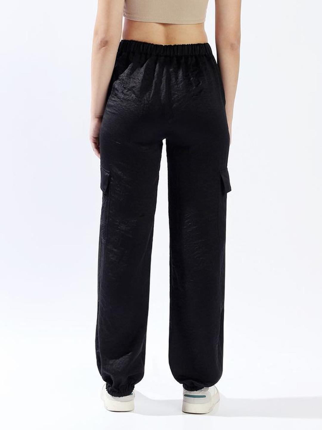 Black Satin Relaxed Fit Cargo Trousers