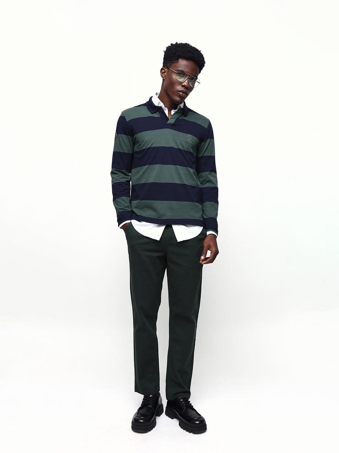 Men Olive Green Cotton Blend Straight Fit Chinos
