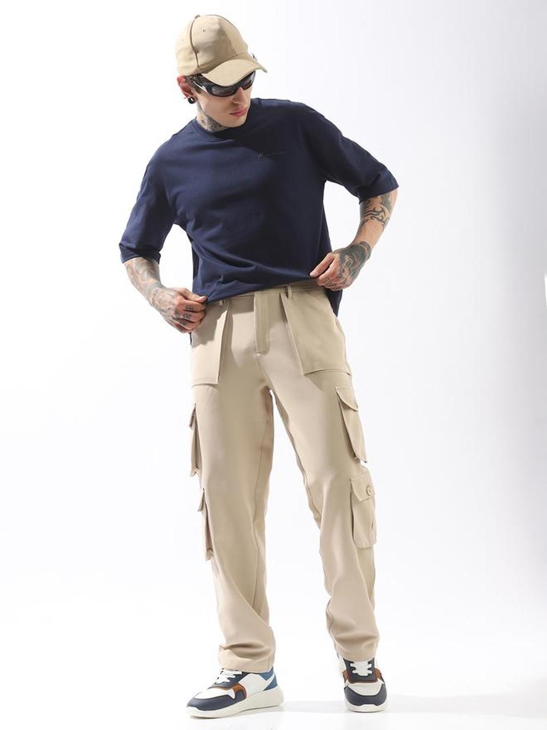 Men Beige Solid Cargo Pants
