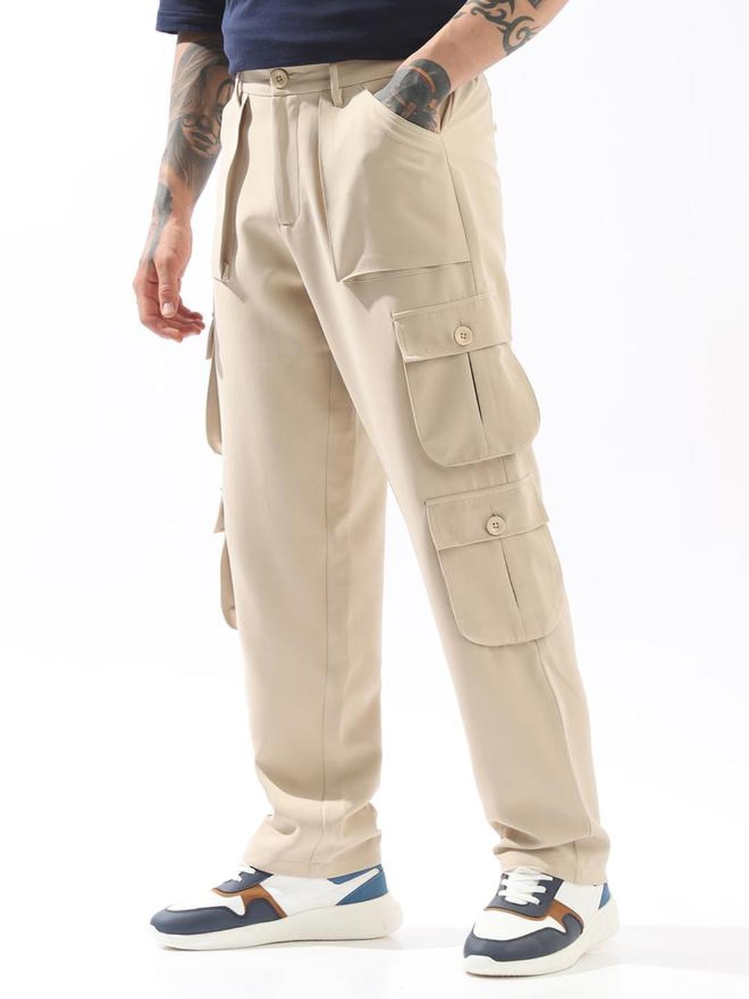 Men Beige Solid Cargo Pants