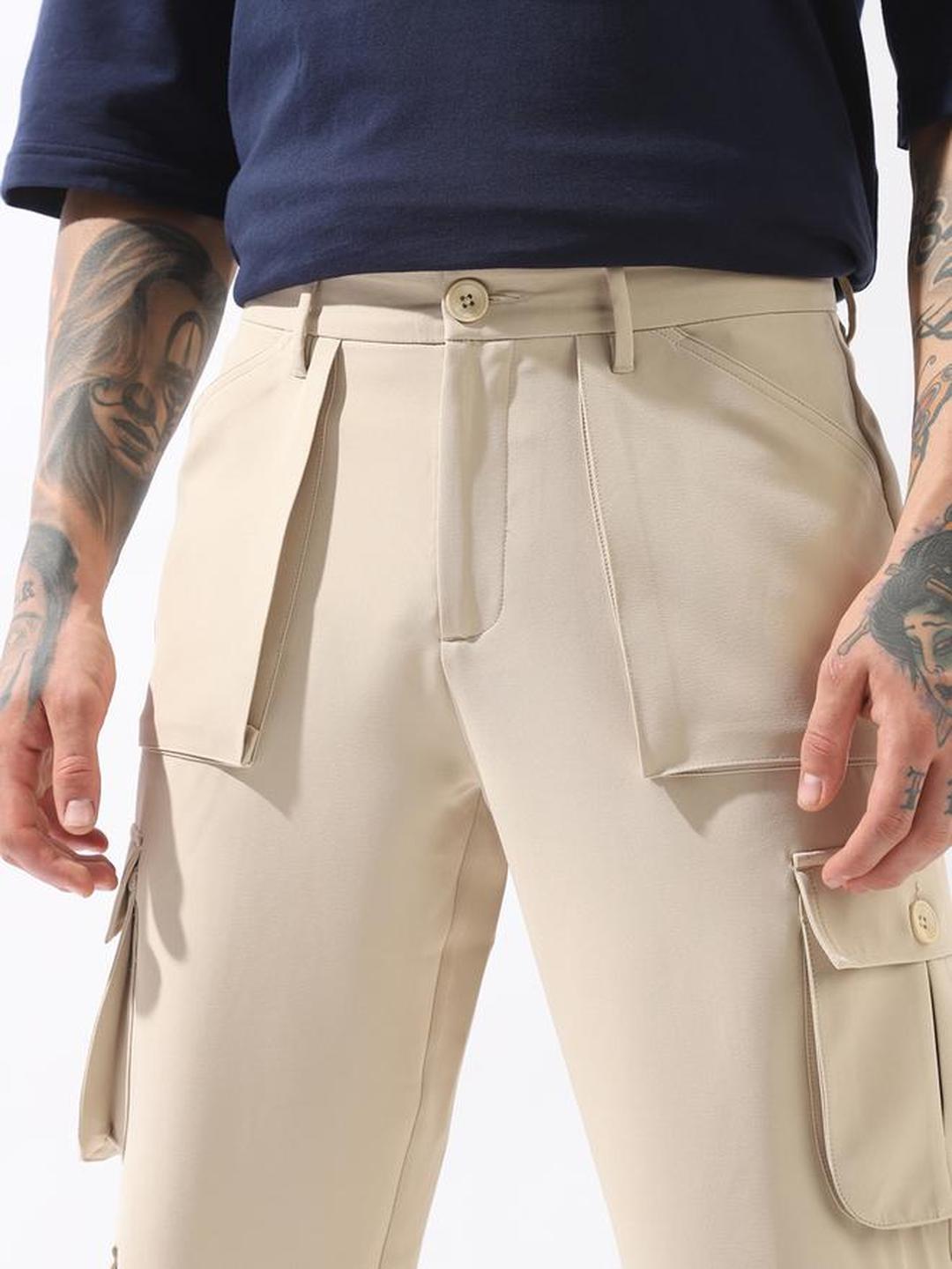 Men Beige Solid Cargo Pants