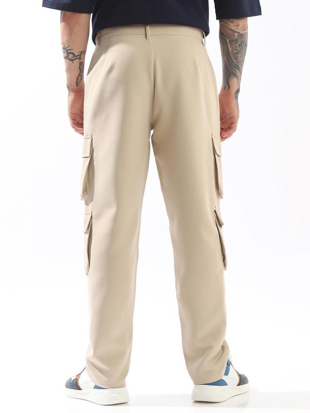 Men Beige Solid Cargo Pants