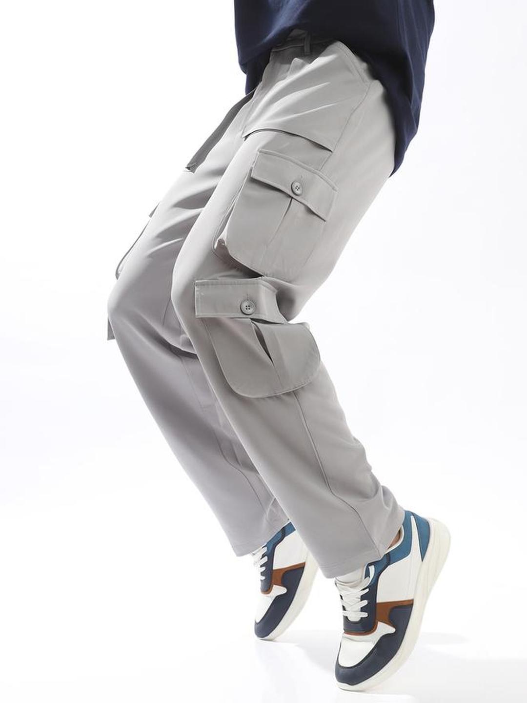 Men Grey Solid Cargo Trousers