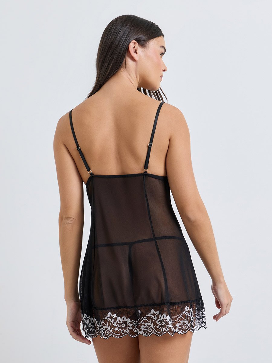 Black Two Tone Lace and Mesh Babydoll with Brief