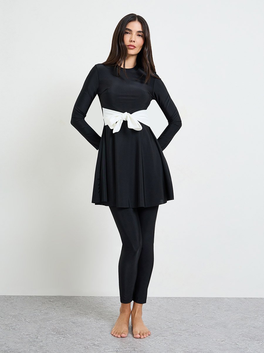 Black Contrast Tie Knot Detail Tunic and Leggings Burkini Set
