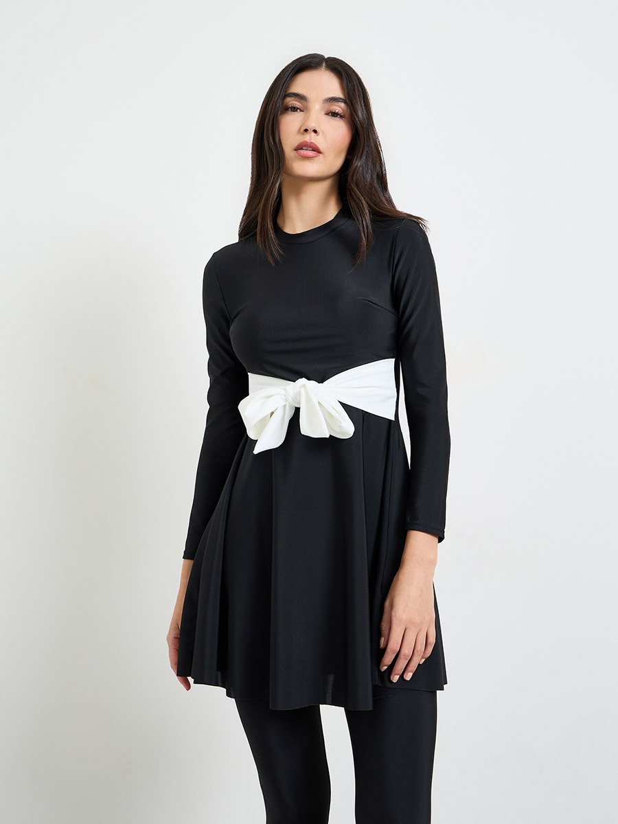 Black Contrast Tie Knot Detail Tunic and Leggings Burkini Set