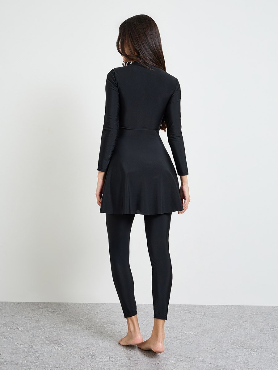 Black Contrast Tie Knot Detail Tunic and Leggings Burkini Set