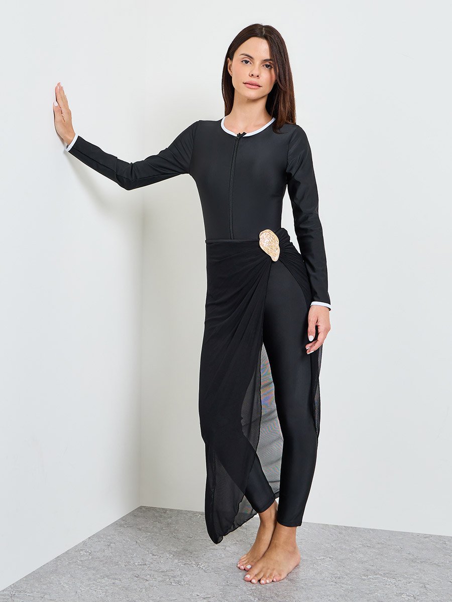 Pack of 3 - Contrast Neck Piping Half Zip Swimsuit, Leggings and Tie Sarong Set