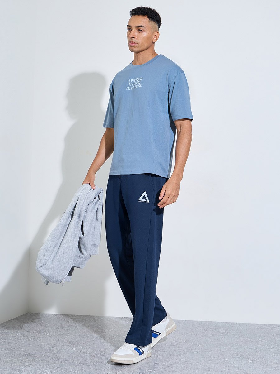 Navy Blue Printed Open Hem Joggers
