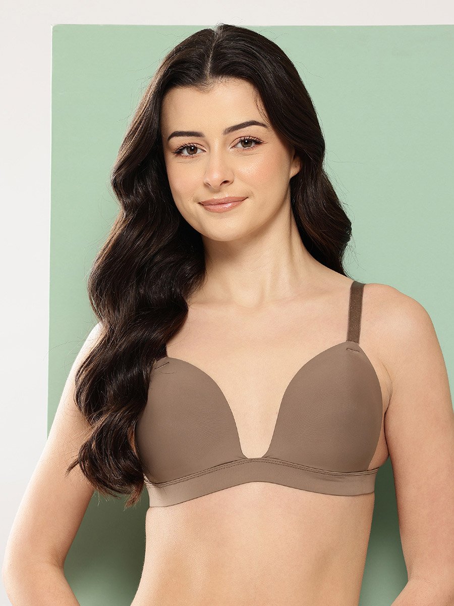 Brown Solid Lightly Padded Non Wired Plunge Bra