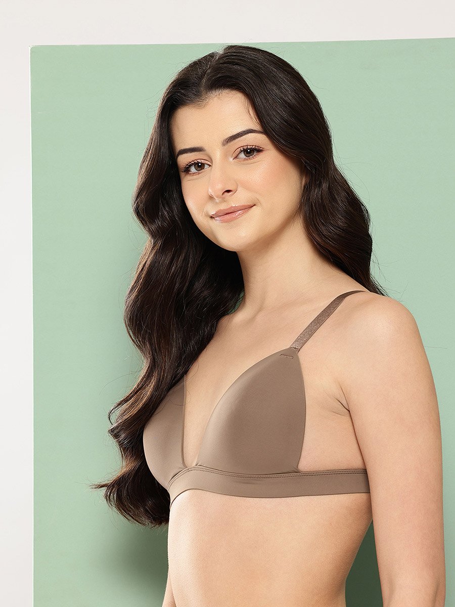 Brown Solid Lightly Padded Non Wired Plunge Bra