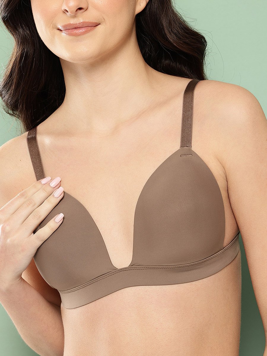 Brown Solid Lightly Padded Non Wired Plunge Bra