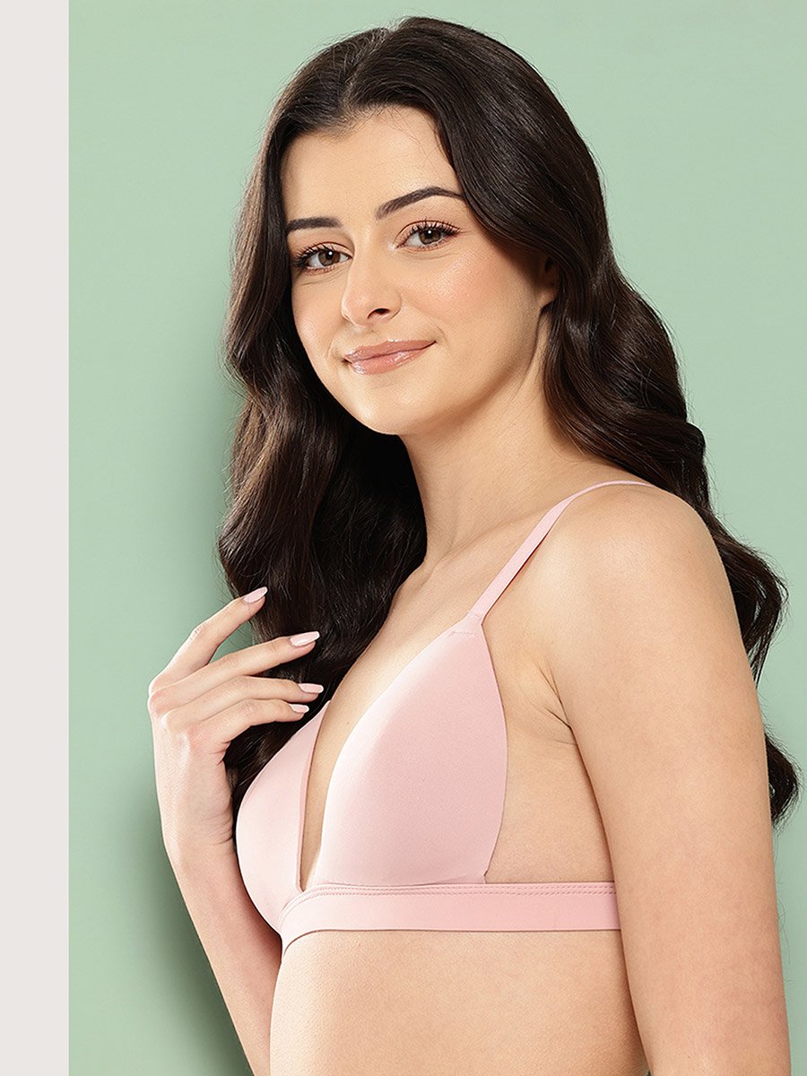 Pink Solid Lightly Padded Non Wired Plunge Bra