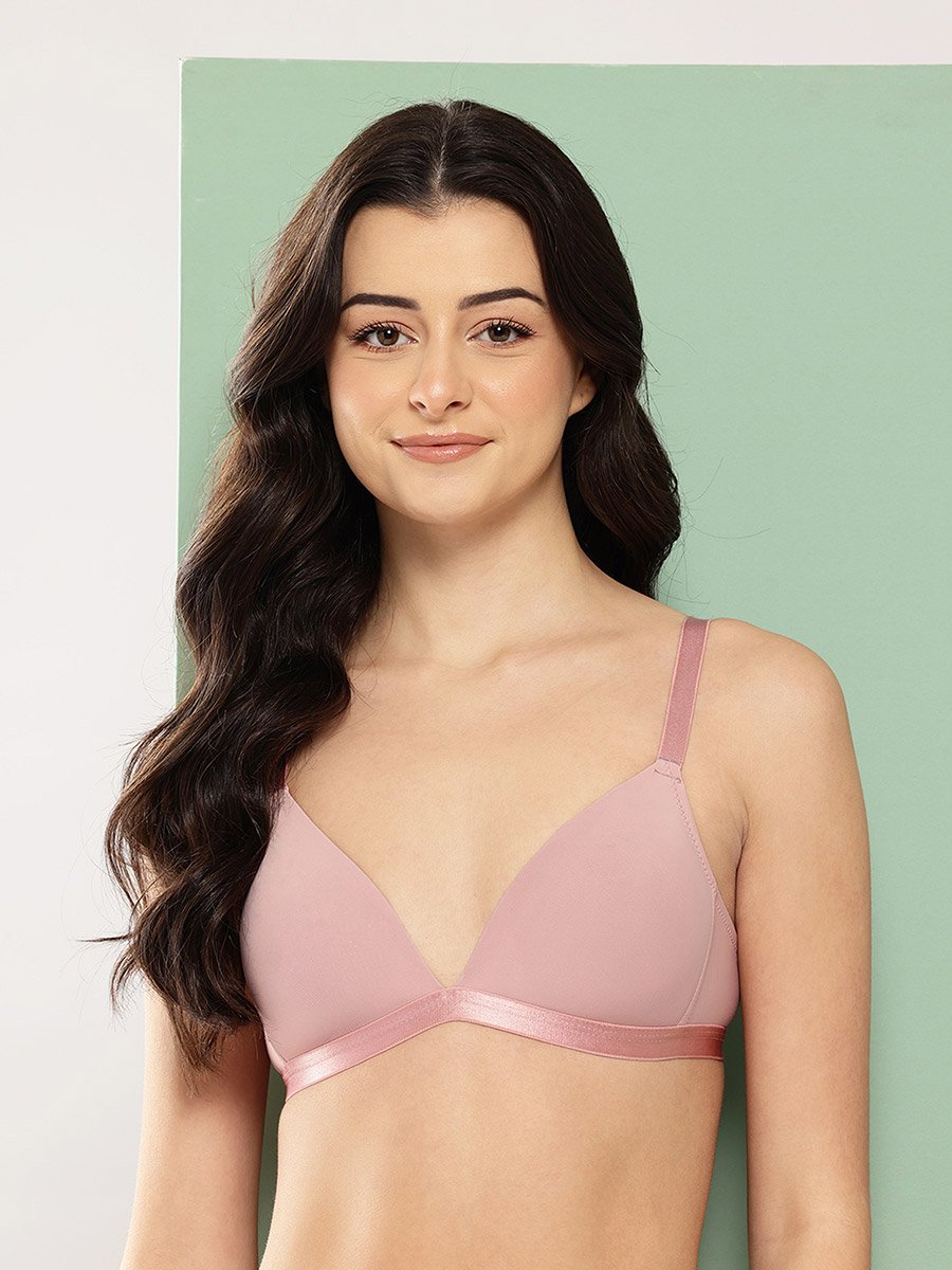 Pink Solid Lightly Padded Non Wired Plunge Bra