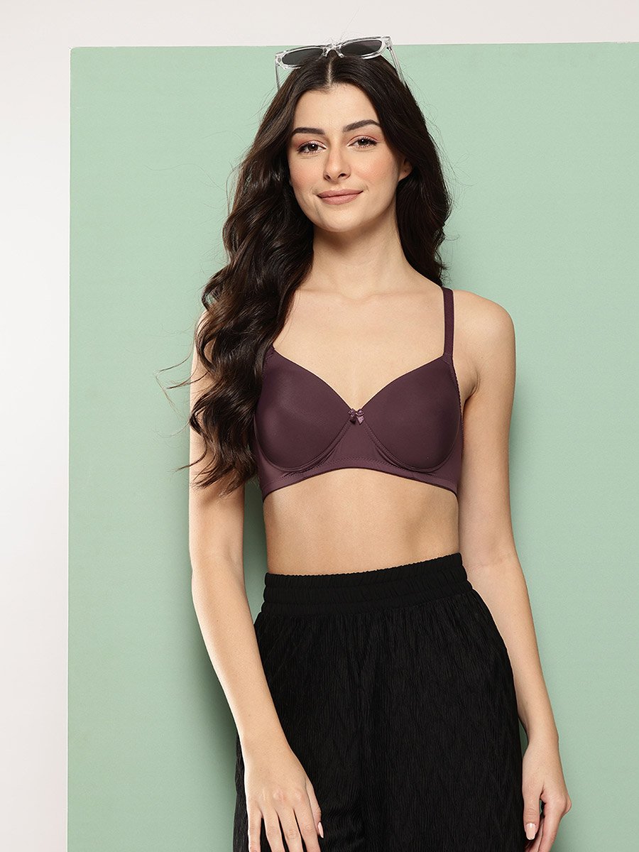 Burgundy Solid Lightly Padded Non Wired T-Shirt Bra