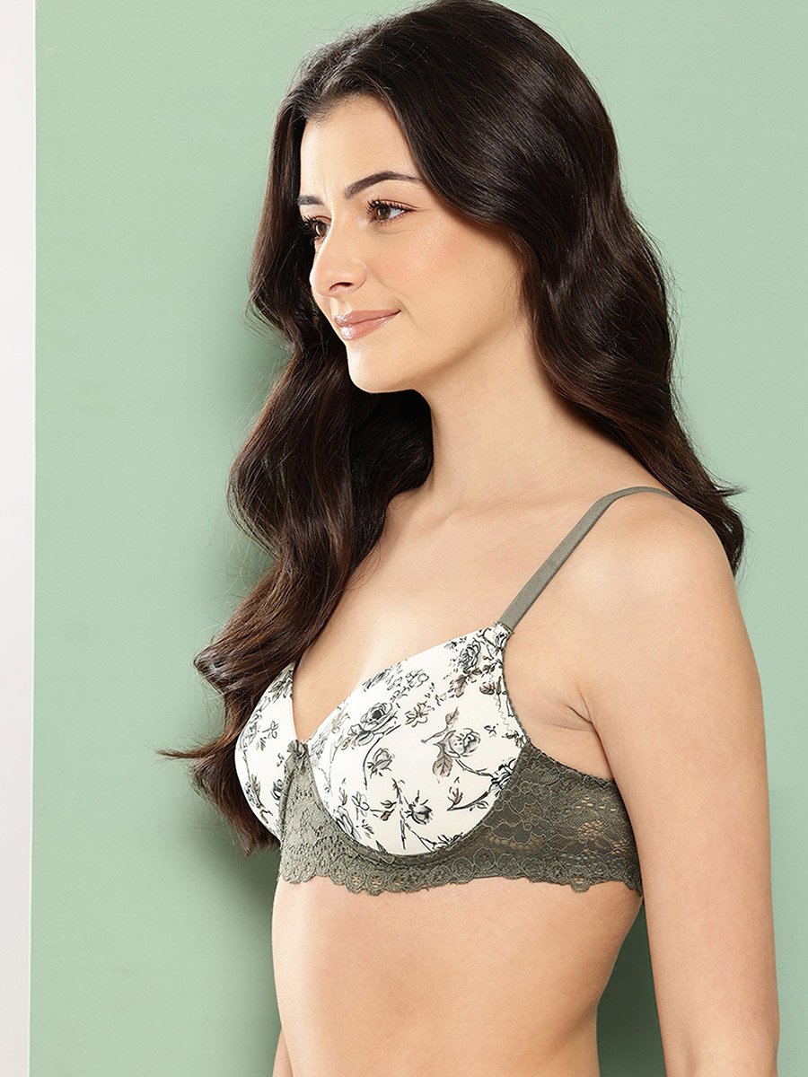 Olive Printed Lightly Padded Non Wired T-Shirt Bra