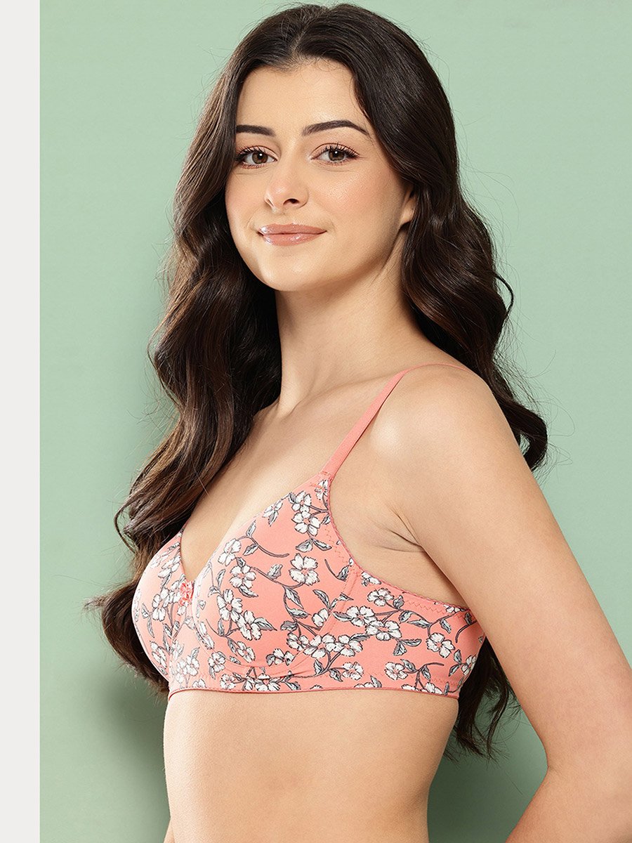 Orange Printed Lightly Padded Non Wired T-Shirt Bra