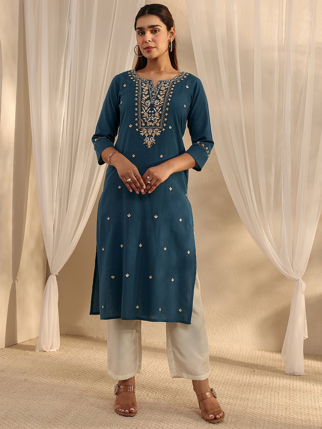 Blue Embroidered Cotton Straight Kurta