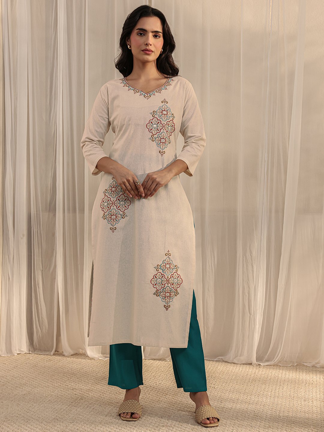 Off White Embroidered Cotton Blend Straight Kurta