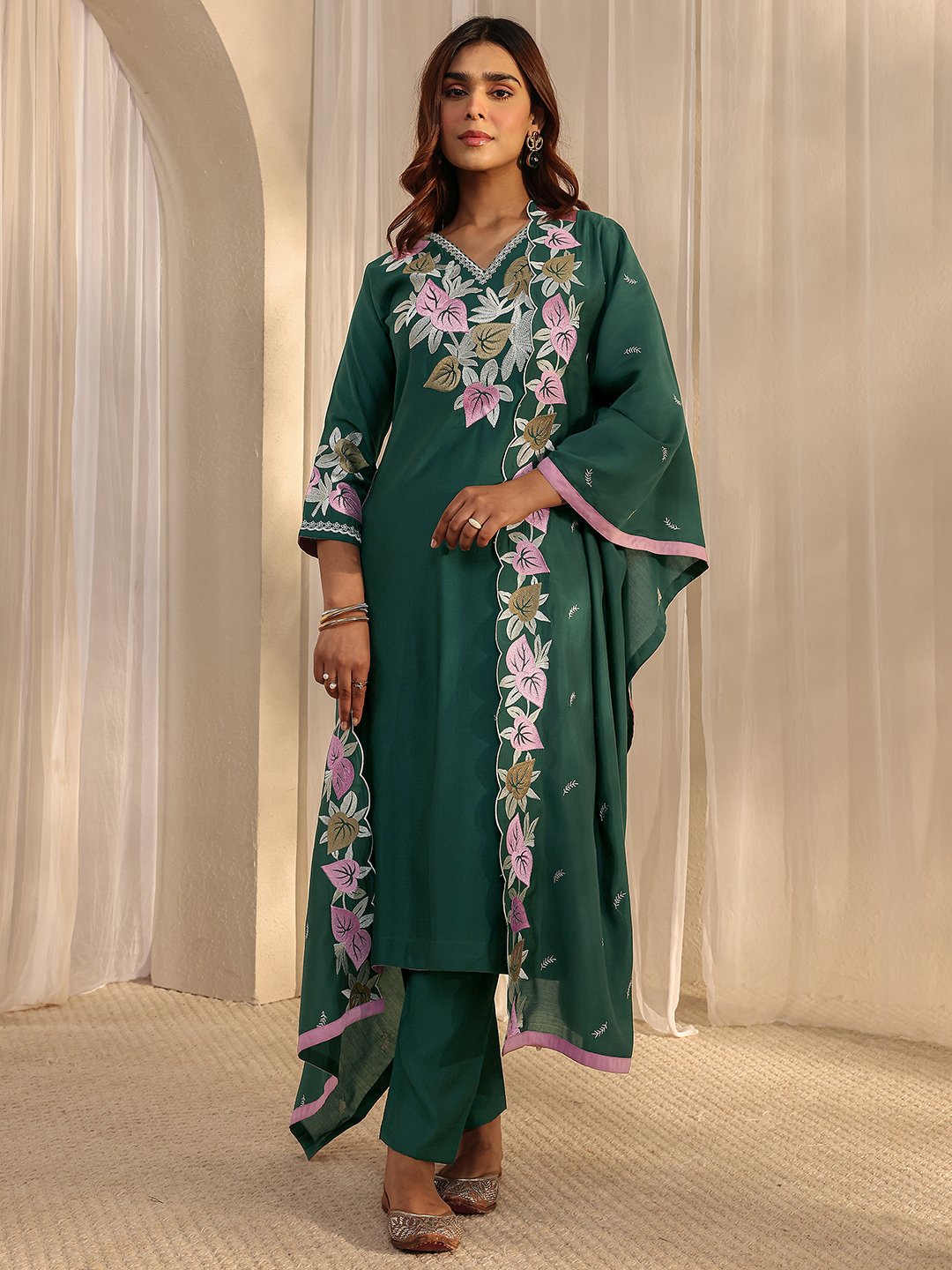 Green Embroidered Straight Kurta with Trousers and Dupatta Set