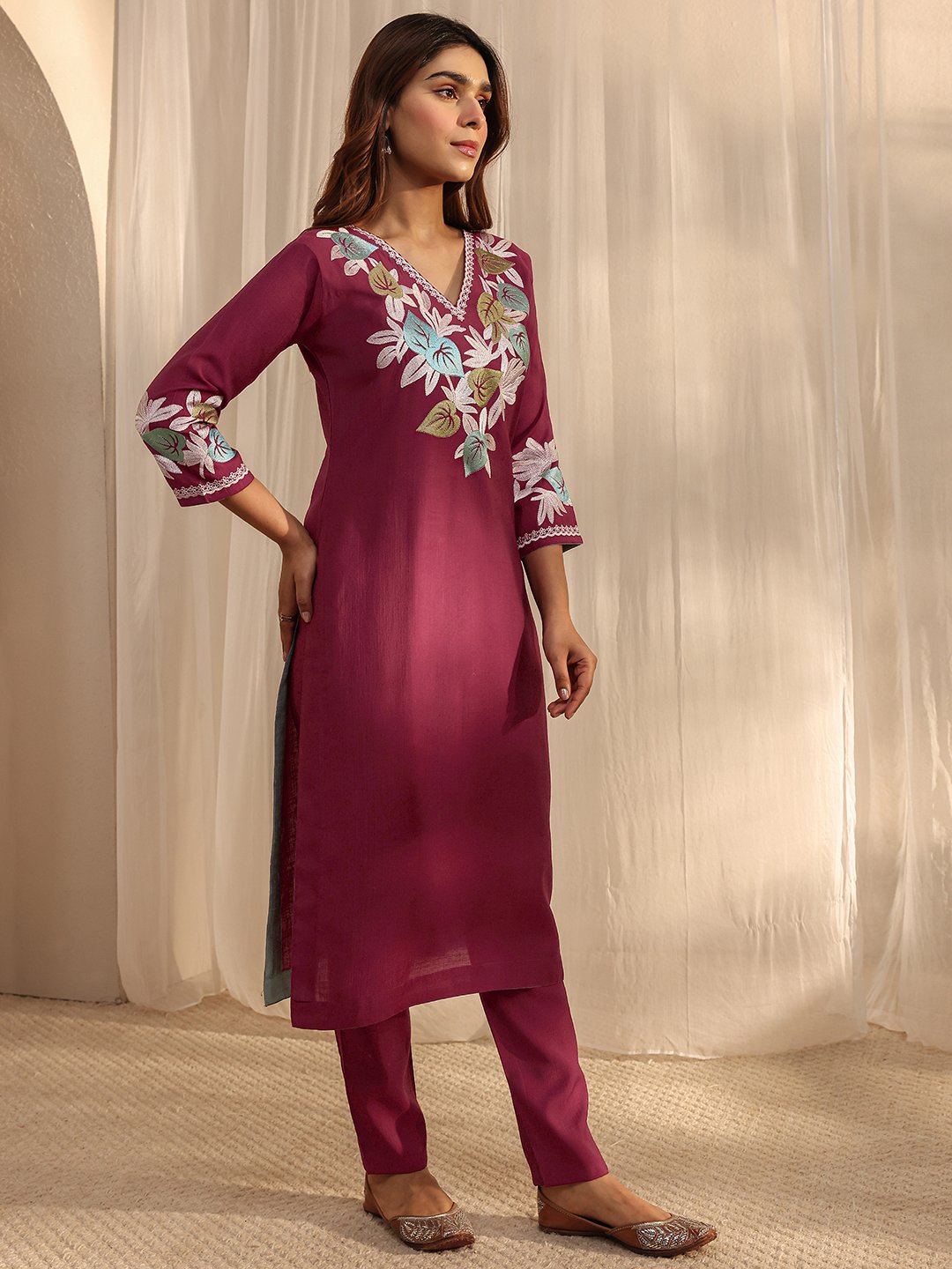 Maroon Embroidered Straight Kurta with Trousers and Dupatta Set