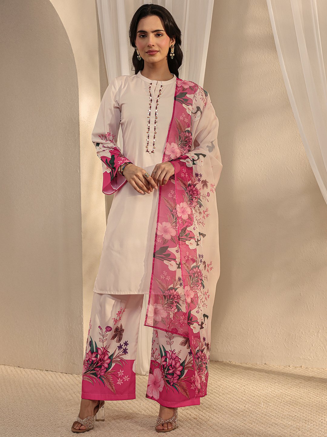 Cream Printed Straight Kurta with Palazzo and Dupatta Set