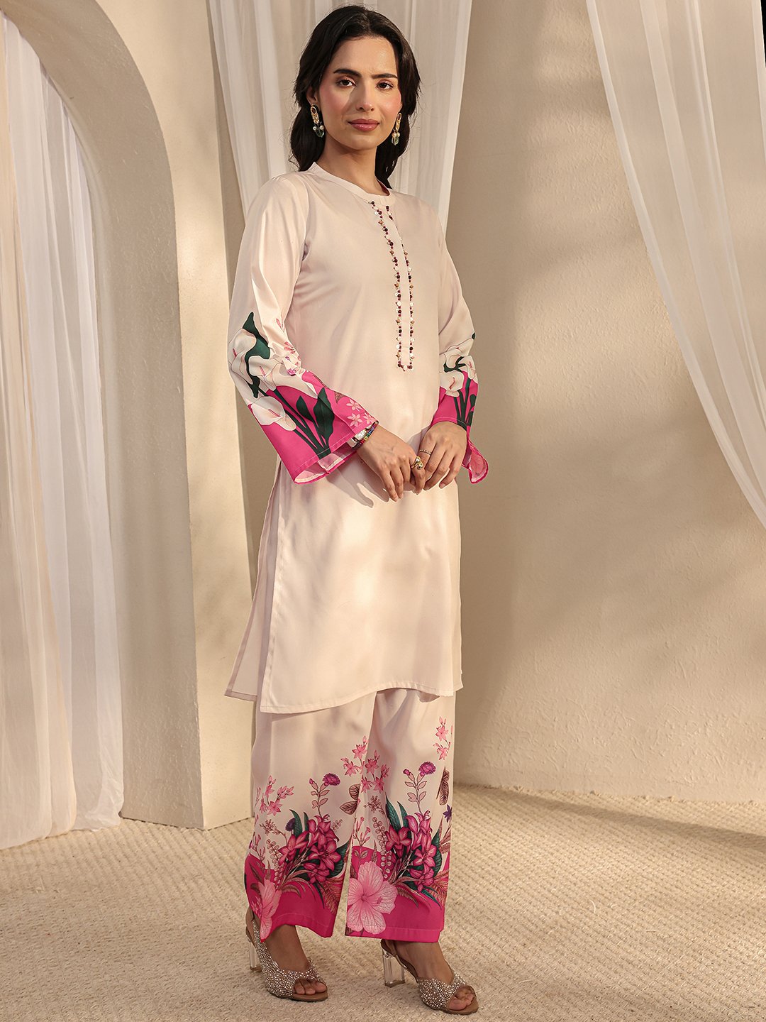 Cream Printed Straight Kurta with Palazzo and Dupatta Set