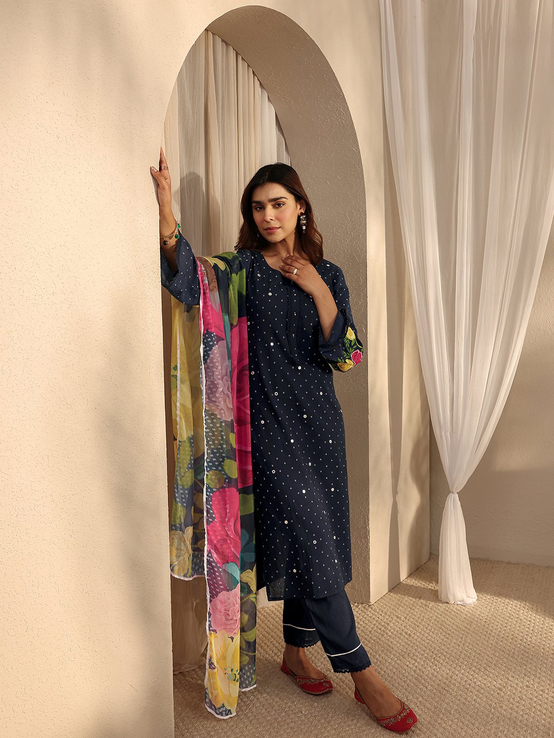 Navy Blue Embroidered Straight Kurta with Trousers and Dupatta Set