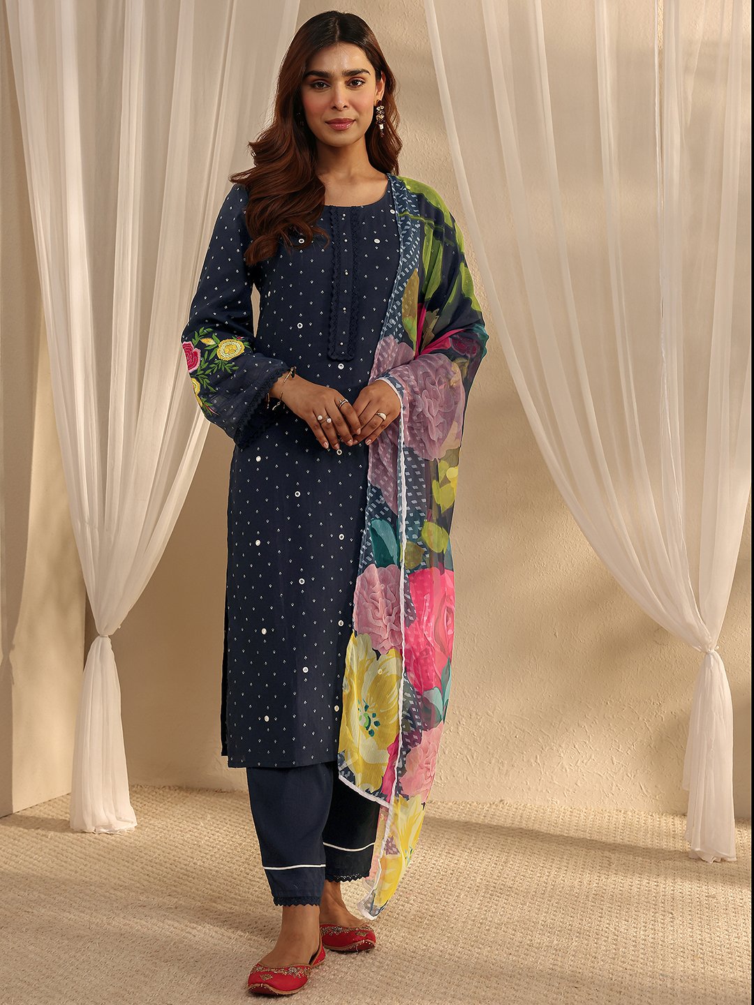 Navy Blue Embroidered Straight Kurta with Trousers and Dupatta Set
