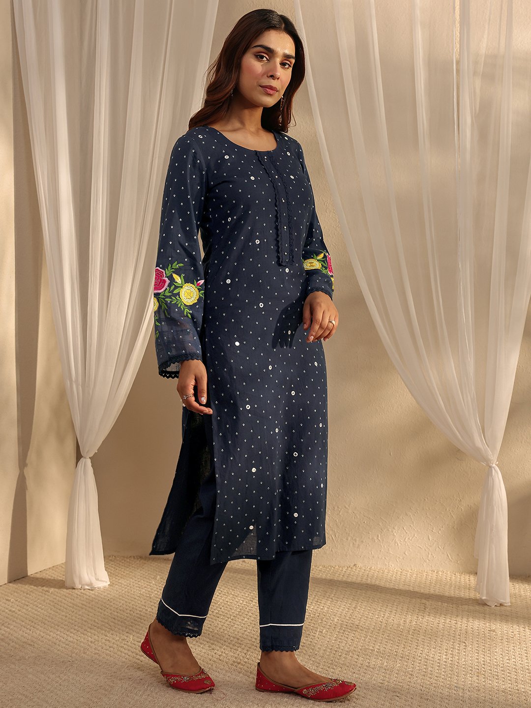 Navy Blue Embroidered Straight Kurta with Trousers and Dupatta Set