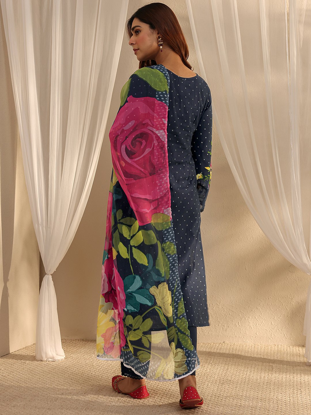 Navy Blue Embroidered Straight Kurta with Trousers and Dupatta Set