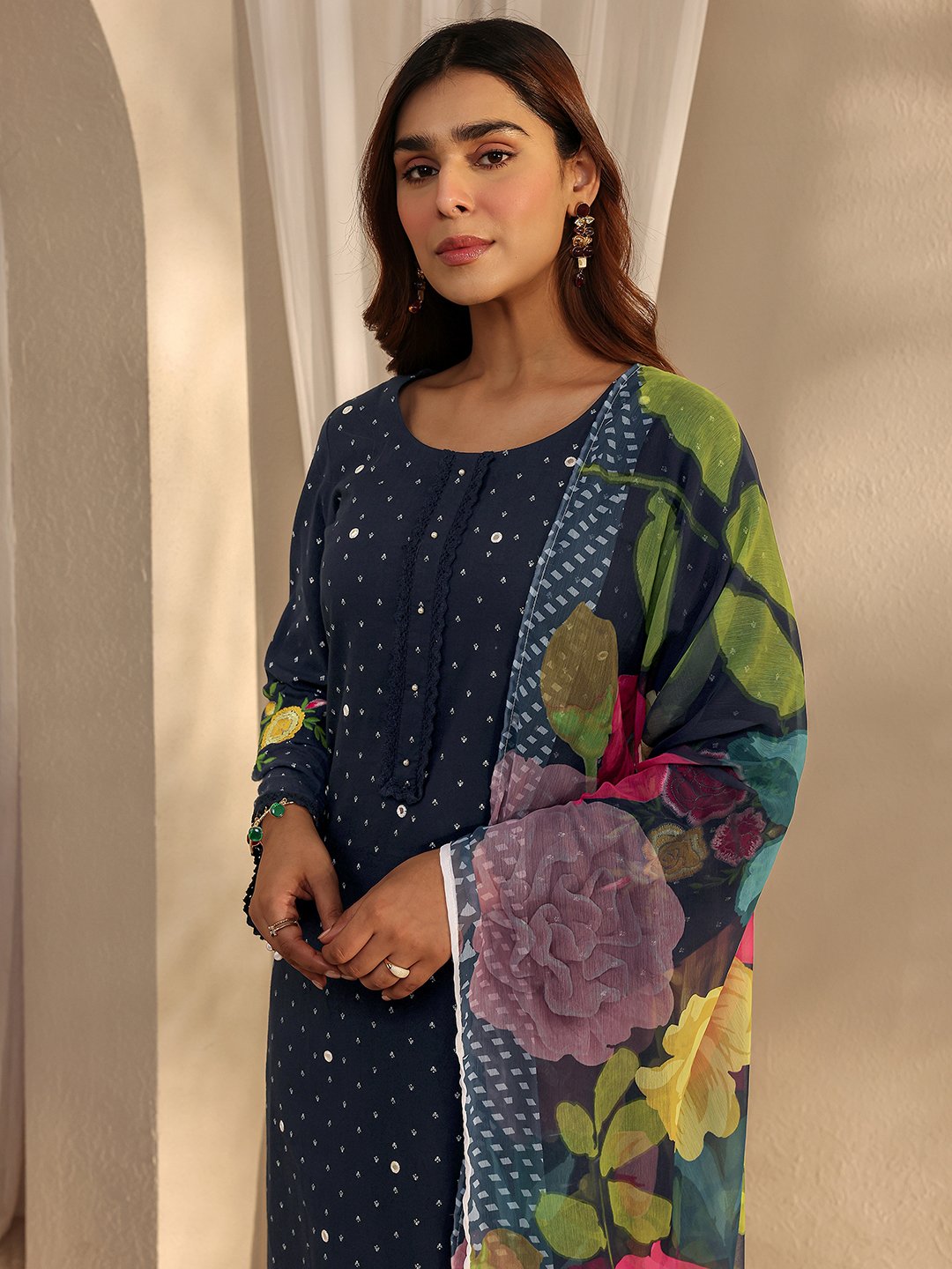Navy Blue Embroidered Straight Kurta with Trousers and Dupatta Set