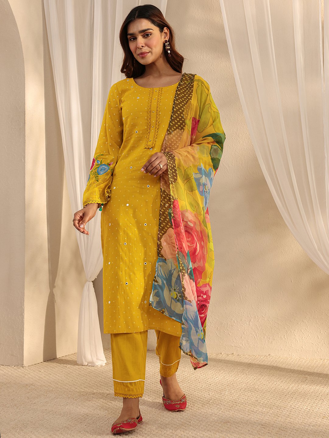 Mustard Embroidered Straight Kurta with Trousers and Dupatta Set