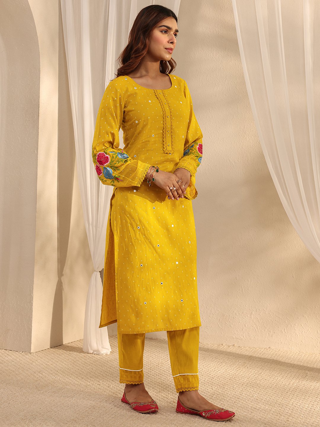Mustard Embroidered Straight Kurta with Trousers and Dupatta Set