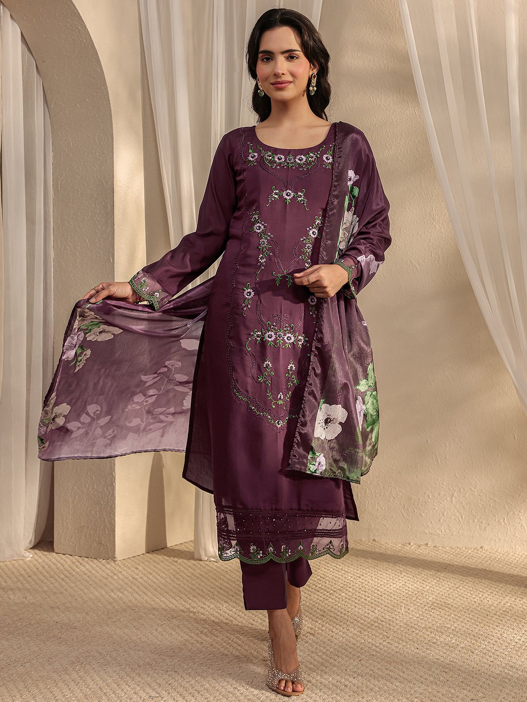 Magenta Embroidered Straight Kurta with Trousers and Dupatta Set