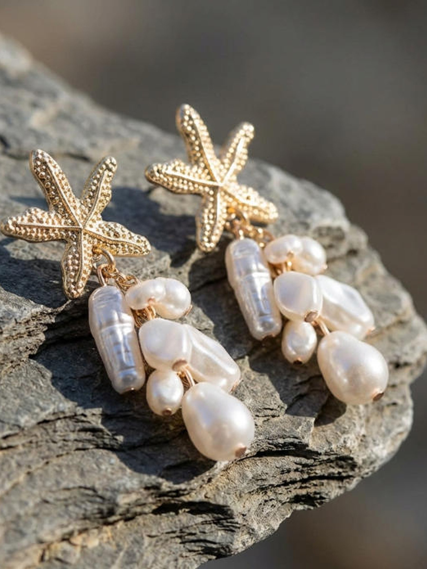 Gold Starfish Pearl Dangle Earrings